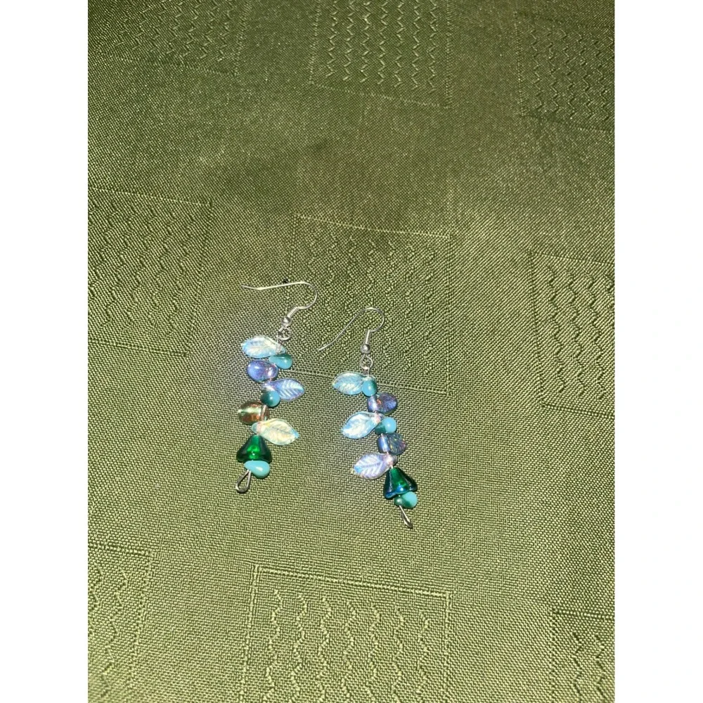 Handmade Beaded Leaf Flower Drop Earrings Iridescent Teal Blue Green Dangle